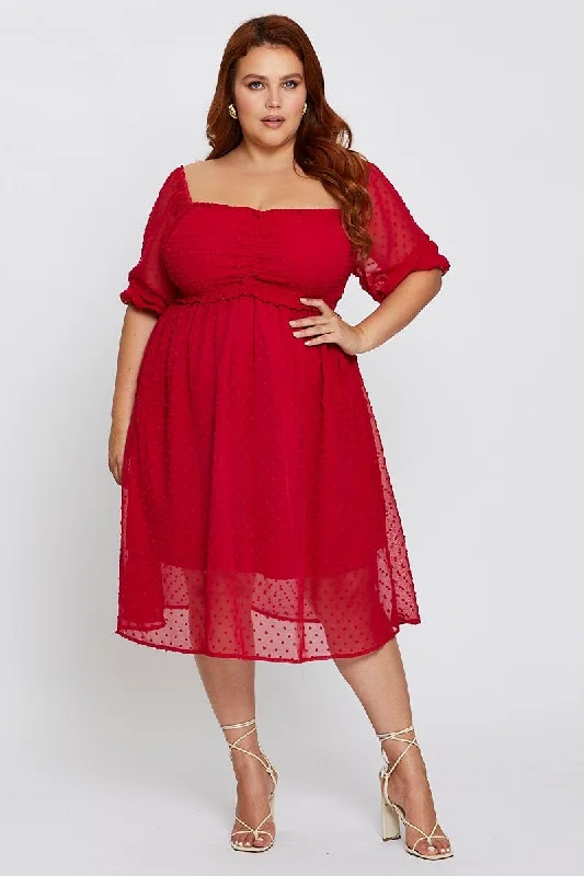 Linen midi dress for a breathable and casual summer optionBrown 3/4 Sleeve Chiffon Flocked Midi Dress