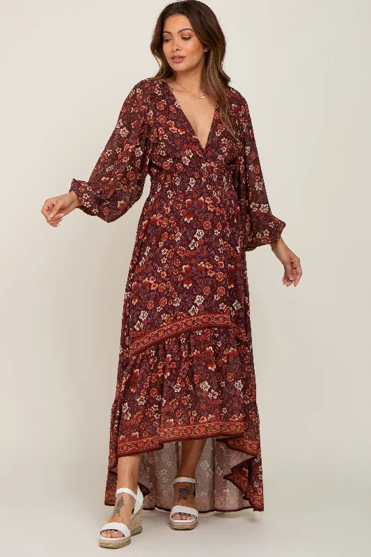 "Striped dresses for women with a classic touch"Brown Floral Hi-Lo Train Maternity Maxi Dress "Striped dresses for women with a classic touch"Brown Floral Hi-Lo Train Maternity Maxi Dress