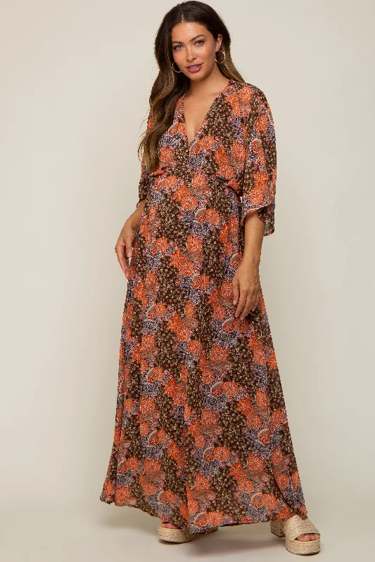 "Mini dresses for women for a youthful and trendy look"Brown Floral Paisley Chiffon Maternity Maxi Dress