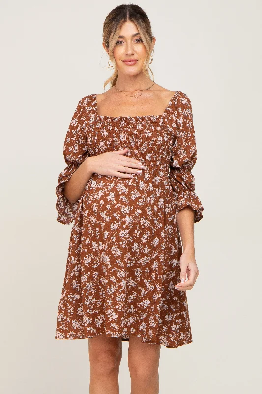 "Wrap dresses for women for an adjustable fit"Brown Floral Ruffle Sleeve Smocked Maternity Dress "Wrap dresses for women for an adjustable fit"Brown Floral Ruffle Sleeve Smocked Maternity Dress
