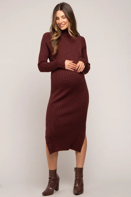 "Ruffled dresses for women for added femininity"Brown Long Sleeve Turtleneck Maternity Sweater Dress "Ruffled dresses for women for added femininity"Brown Long Sleeve Turtleneck Maternity Sweater Dress