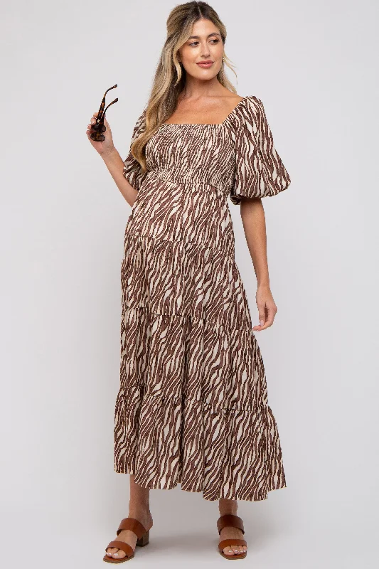 "Trendy casual dresses for women to wear at the beach"Brown Printed Smocked Maternity Maxi Dress "Trendy casual dresses for women to wear at the beach"Brown Printed Smocked Maternity Maxi Dress