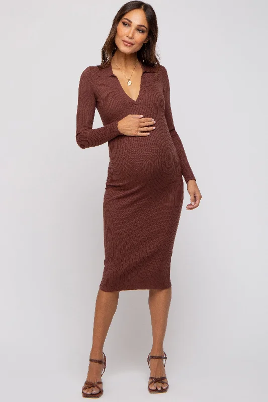 "Vintage - look women's dresses for a retro charm"Brown Ribbed Knit Fitted Maternity Dress "Vintage - look women's dresses for a retro charm"Brown Ribbed Knit Fitted Maternity Dress