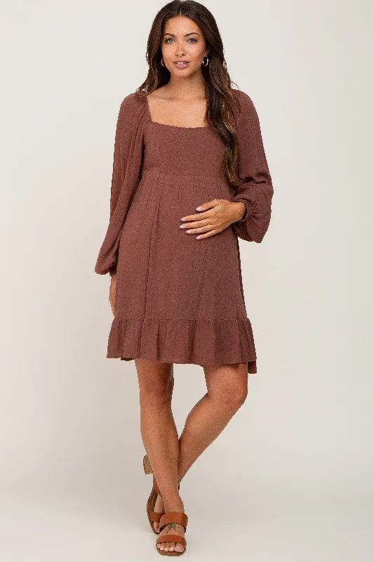 "Petite women's dresses with flattering fits"Brown Square Neck Puff Long Sleeve Maternity Dress "Petite women's dresses with flattering fits"Brown Square Neck Puff Long Sleeve Maternity Dress