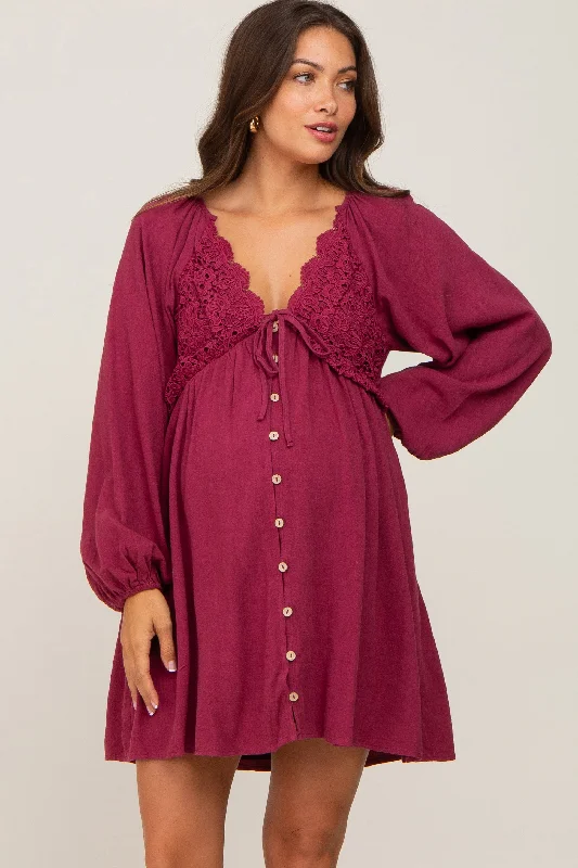 "Beach wedding dresses for women for a laid - back ceremony"Burgundy Crochet Lace Button Front Maternity Dress "Beach wedding dresses for women for a laid - back ceremony"Burgundy Crochet Lace Button Front Maternity Dress