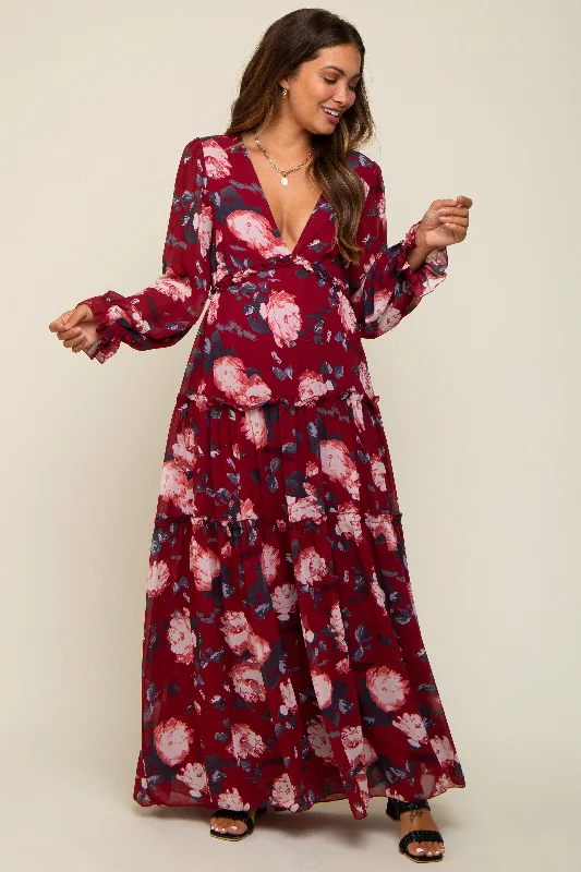 "Hurry! Limited Stock - Get Your Dream Dress with a Special Discount"Burgundy Floral Chiffon V-Neck Lettuce Edge Tiered Maternity Maxi Dress