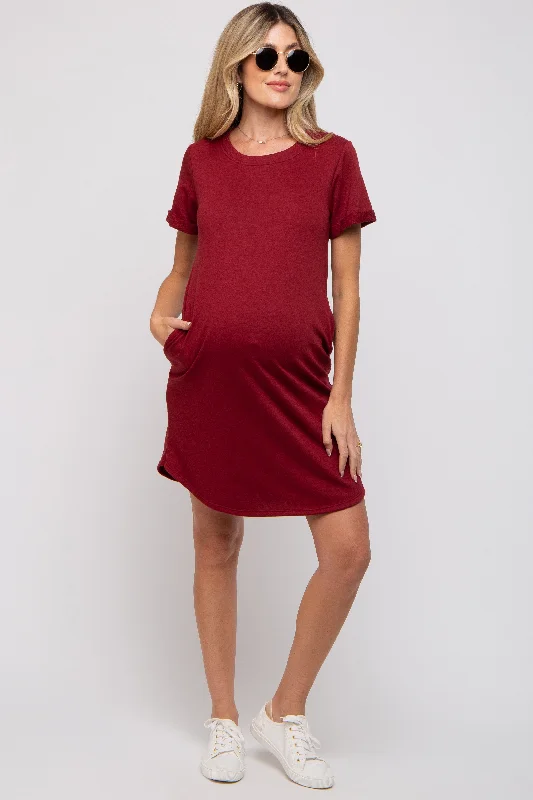 "Bodycon dresses for women to show off curves"Burgundy French Terry Cuffed Short Sleeve Maternity Dress "Bodycon dresses for women to show off curves"Burgundy French Terry Cuffed Short Sleeve Maternity Dress