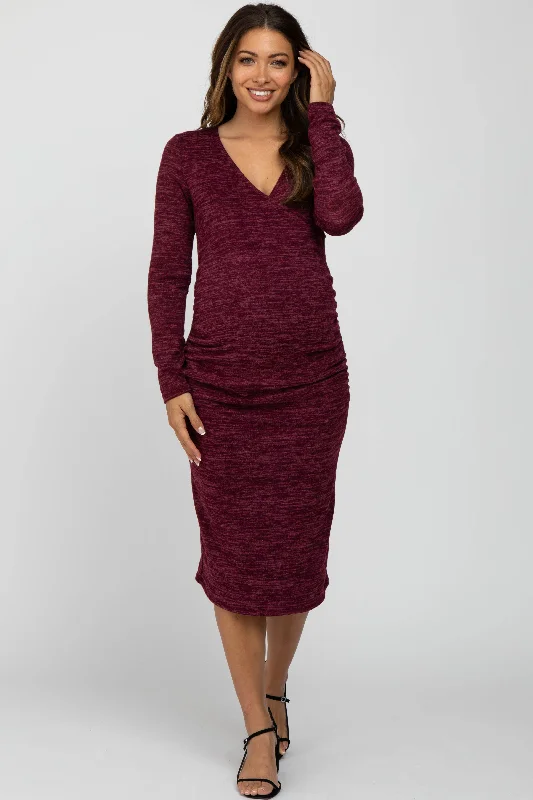 "Short dresses for women for a night out clubbing"Burgundy Heather Wrap Fitted Maternity Dress