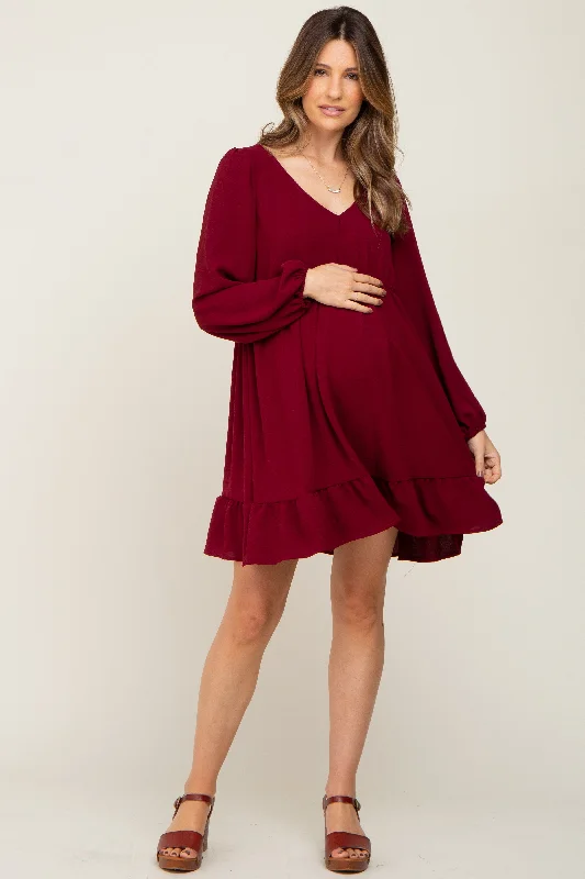 "Animal print dresses for women who love bold styles"Burgundy Long Sleeve Gathered Tier Maternity Dress "Animal print dresses for women who love bold styles"Burgundy Long Sleeve Gathered Tier Maternity Dress