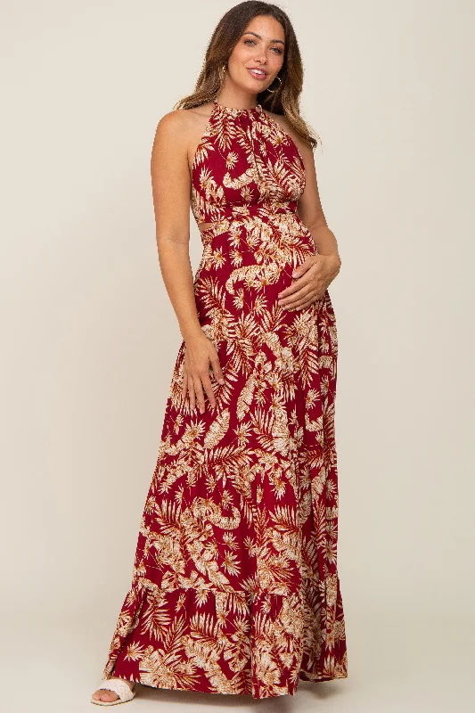 "T - shirt dresses for women for ultimate comfort"Burgundy Palm Open Back Halter Tiered Maternity Maxi Dress "T - shirt dresses for women for ultimate comfort"Burgundy Palm Open Back Halter Tiered Maternity Maxi Dress