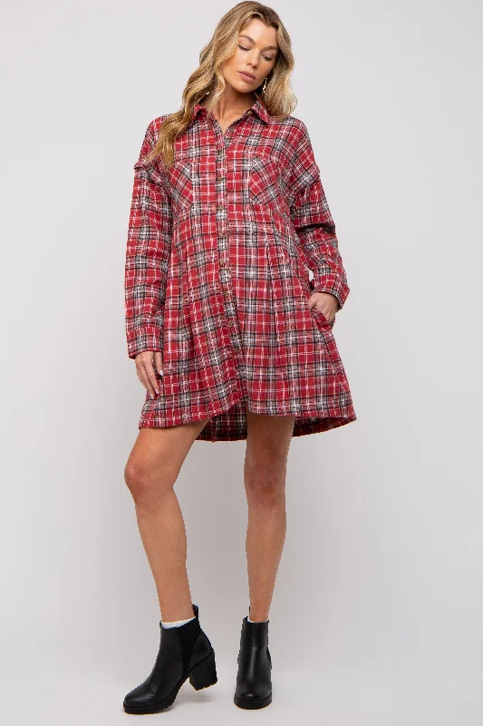 "Polka dot dresses for women with a retro vibe"Burgundy Plaid Button Front Long Sleeve Maternity Dress "Polka dot dresses for women with a retro vibe"Burgundy Plaid Button Front Long Sleeve Maternity Dress