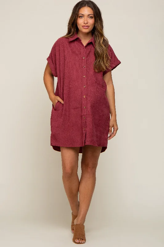 "Flash Sale: Grab Your Favorite Women's Dresses at Unbeatable Prices!"Burgundy Ribbed Button Down Maternity Mini Dress "Flash Sale: Grab Your Favorite Women's Dresses at Unbeatable Prices!"Burgundy Ribbed Button Down Maternity Mini Dress