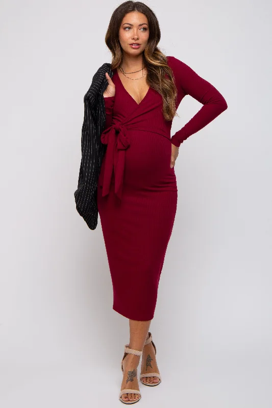 "Limited - Time Offer: Up to 50% Off on Women's Dresses!"Burgundy Ribbed Long Sleeve Maternity Wrap Dress "Limited - Time Offer: Up to 50% Off on Women's Dresses!"Burgundy Ribbed Long Sleeve Maternity Wrap Dress