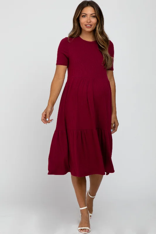 "Shirt dresses for women for a smart - casual style"Burgundy Ribbed Tiered Maternity Dress "Shirt dresses for women for a smart - casual style"Burgundy Ribbed Tiered Maternity Dress