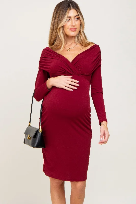 "Lace dresses for women for a romantic and elegant look"Burgundy Ruched Off Shoulder Long Sleeve Maternity Dress "Lace dresses for women for a romantic and elegant look"Burgundy Ruched Off Shoulder Long Sleeve Maternity Dress