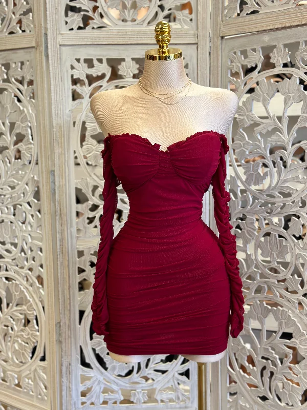 Puff Sleeve Party Dresses with Bell Bottom for Ladies' 80s Style PartyBurgundy Ruched Sleeve Mini Dress - Estira, Stretchy