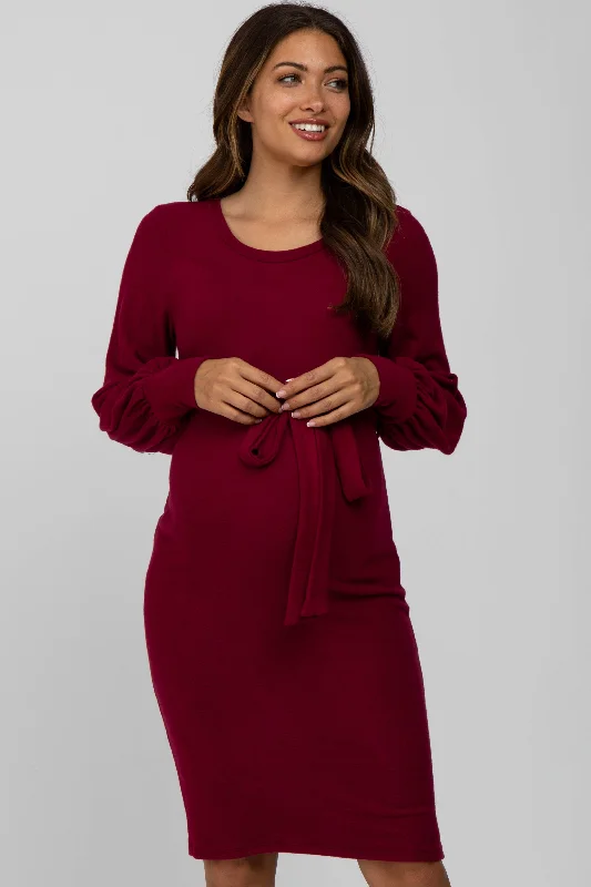 "Plus size formal dresses for women for special events"Burgundy Soft Brushed Waist Tie Bubble Sleeve Maternity Dress