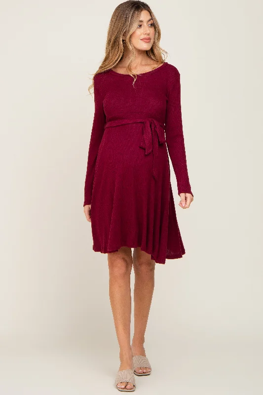 "Shirt dresses for women for a smart - casual style"Burgundy Soft Rib Knit Sash Tie Maternity Dress "Shirt dresses for women for a smart - casual style"Burgundy Soft Rib Knit Sash Tie Maternity Dress