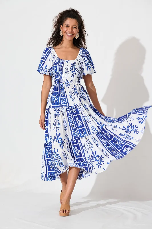 Midi dress for a wedding as a guest in a more casual weddingButterfly Midi Dress In Cobalt With White Print