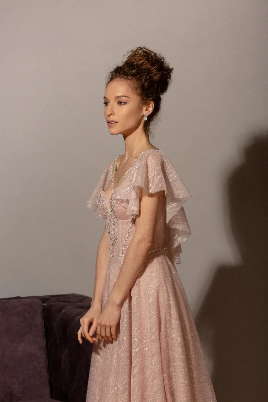 Party Dresses with Satin and Lace Trimmed Neckline and Ruffled Sleeves and Embroidered Skirt for Ladies' Sophisticated and Intricate LookButterfly Sleeve Sweetheart Midi Evening Dress Party Dresses with Satin and Lace Trimmed Neckline and Ruffled Sleeves and Embroidered Skirt for Ladies' Sophisticated and Intricate LookButterfly Sleeve Sweetheart Midi Evening Dress