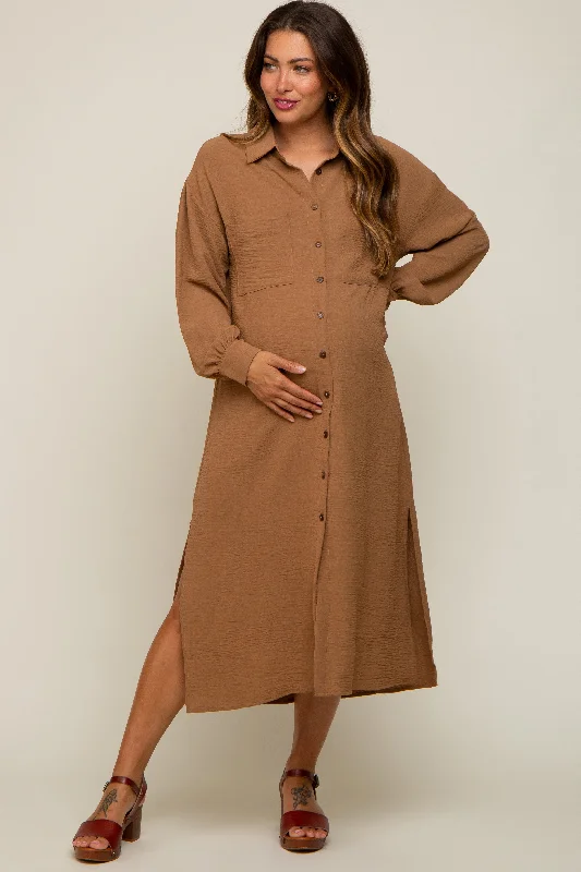 "Homecoming dresses for women to stand out"Camel Button Down Collared Maternity Maxi Dress "Homecoming dresses for women to stand out"Camel Button Down Collared Maternity Maxi Dress