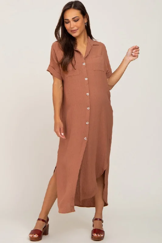 Clearance Sale: Women's Dresses Camel Button Down Hi Low Maternity Maxi Dress