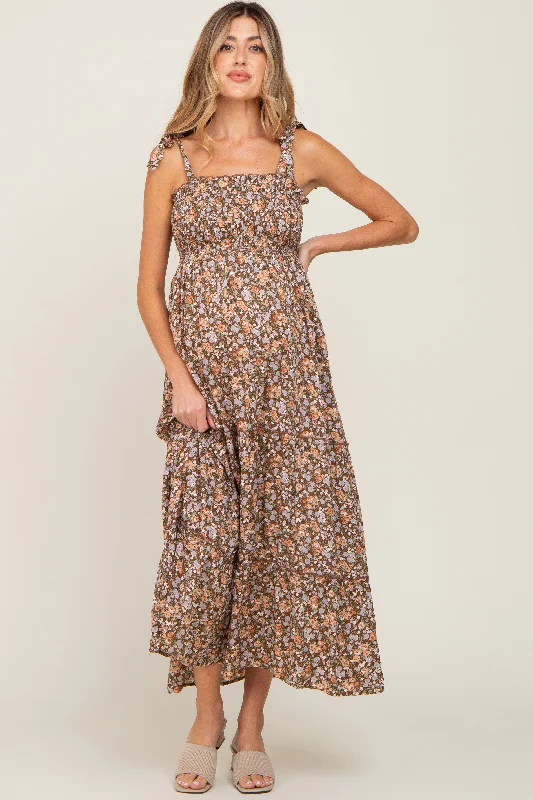 "A - line dresses for women to flatter the figure"Camel Floral Sleeveless Tiered Maternity Maxi Dress "A - line dresses for women to flatter the figure"Camel Floral Sleeveless Tiered Maternity Maxi Dress