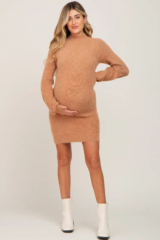 "Red dresses for women to make a bold statement"Camel Fuzzy Knit Puff Sleeve Maternity Sweater Dress "Red dresses for women to make a bold statement"Camel Fuzzy Knit Puff Sleeve Maternity Sweater Dress