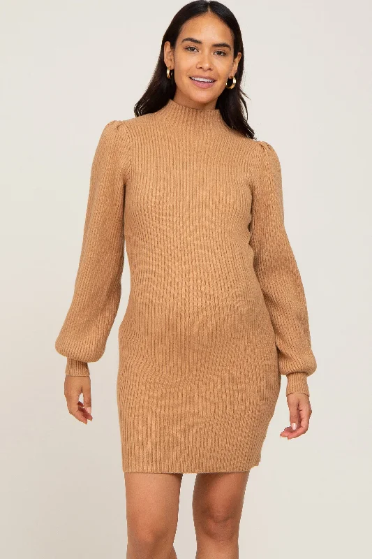 "Black tie dresses for women for formal galas"Camel Mock Neck Puff Sleeve Maternity Sweater Dress "Black tie dresses for women for formal galas"Camel Mock Neck Puff Sleeve Maternity Sweater Dress