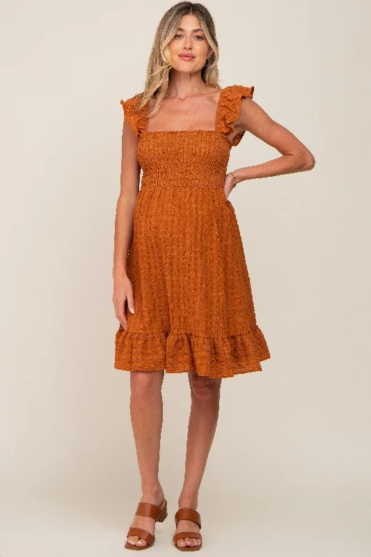 "Off - shoulder dresses for women to show off collarbones"Camel Textured Sleeveless Smocked Maternity Dress "Off - shoulder dresses for women to show off collarbones"Camel Textured Sleeveless Smocked Maternity Dress