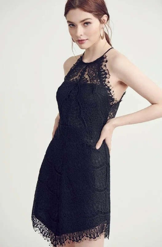 Party Dresses with Sheer Sleeve and Sequined Cuffs and Bow at the Waist for Ladies' Elegant and Sweet LookCandice Black Lace Halter Mini Dress Party Dresses with Sheer Sleeve and Sequined Cuffs and Bow at the Waist for Ladies' Elegant and Sweet LookCandice Black Lace Halter Mini Dress