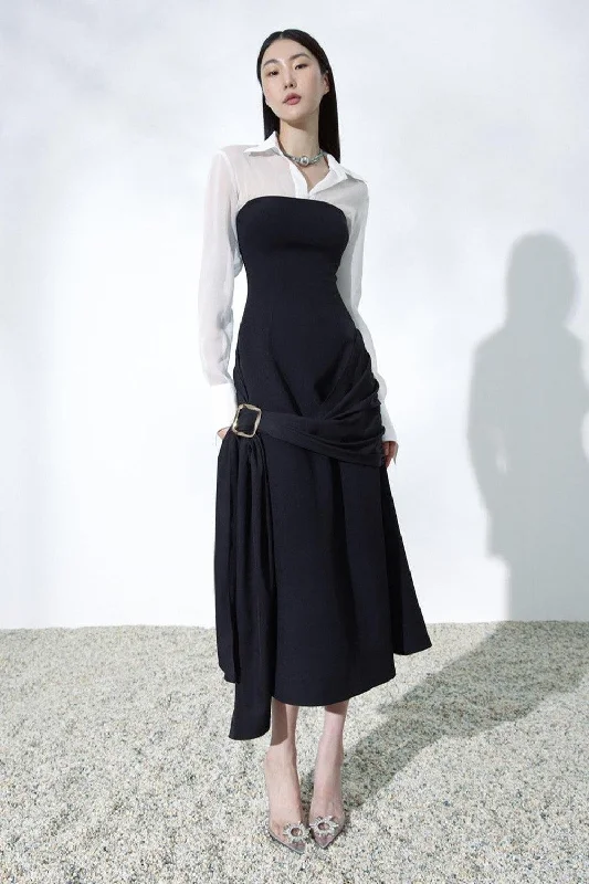 Button - down denim midi dress for a casual and laid - back lookCara Strapless Asymmetric Khaki Midi Dress