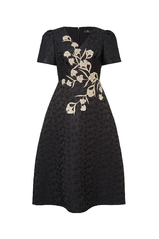 Ruffled - sleeve midi dress for a charming and playful lookCarnation A-line V-Neck Brocade Midi Dress