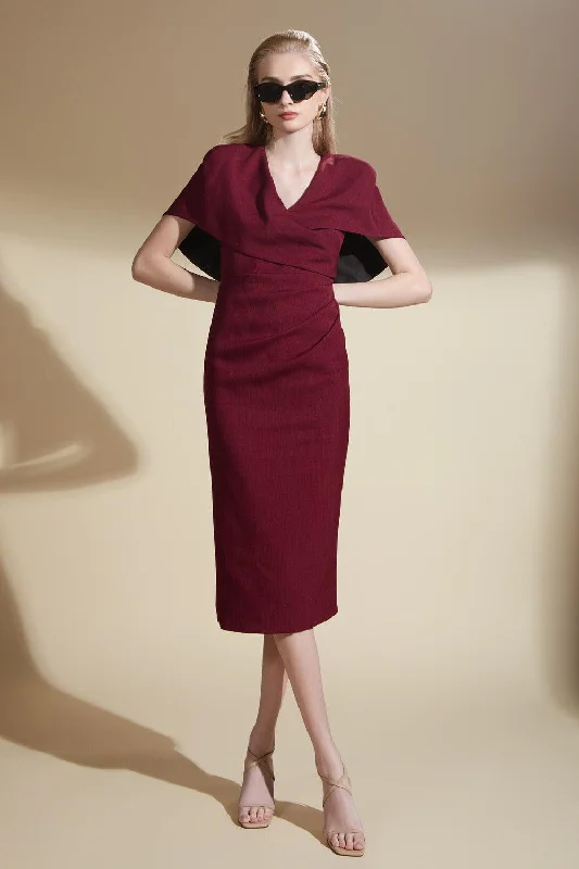 Ruched midi dress for a figure - hugging and flattering fitCeline Sheath Cape Sleeved Wool Midi Dress