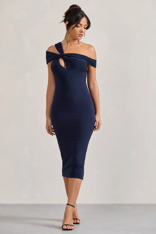 Ruched midi dress for a figure - hugging and flattering fitChain Reaction | Navy Strappy Asymmetric Bodycon Midi Dress