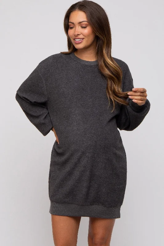 "Black dresses for women for a classic and timeless appearance"Charcoal Fleece Oversized Maternity Sweatshirt Mini Dress "Black dresses for women for a classic and timeless appearance"Charcoal Fleece Oversized Maternity Sweatshirt Mini Dress