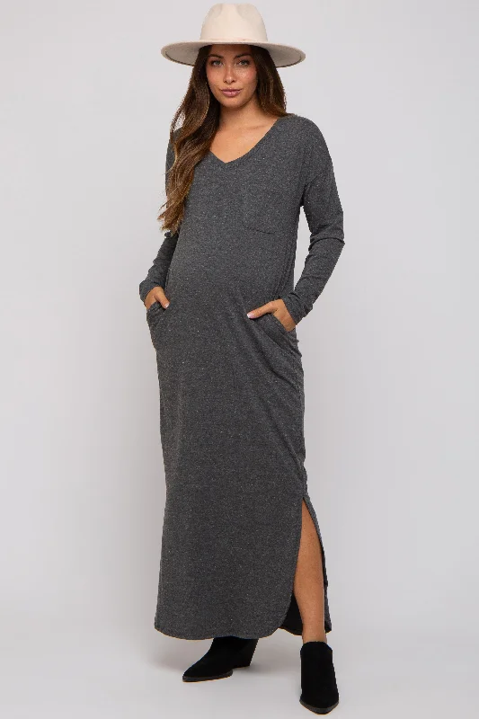 "Exclusive Discount: 30% Off All Women's Dresses for a Limited Period"Charcoal Heathered Pocketed Long Sleeve Maternity Maxi Dress "Exclusive Discount: 30% Off All Women's Dresses for a Limited Period"Charcoal Heathered Pocketed Long Sleeve Maternity Maxi Dress