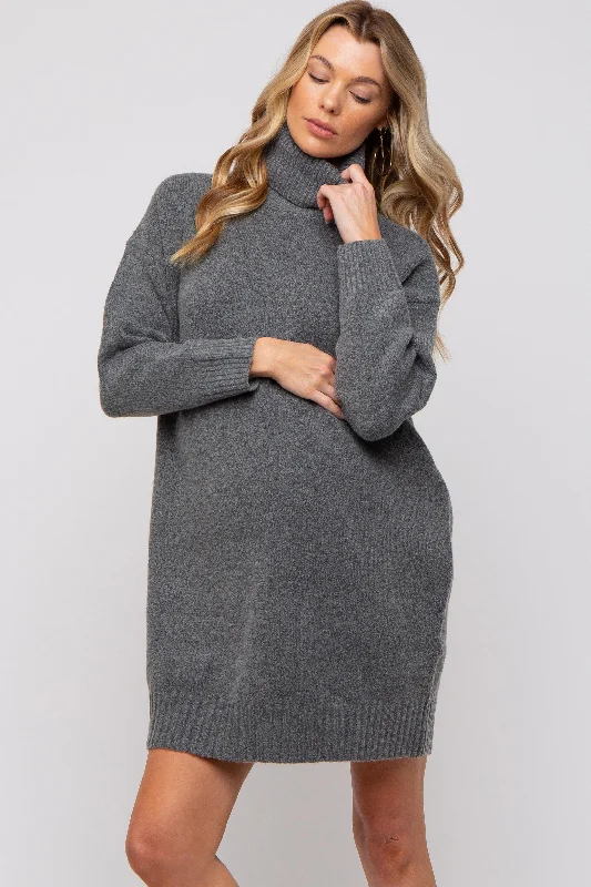 "Long sleeve dresses for women in cold weather"Charcoal Turtleneck Maternity Sweater Mini Dress "Long sleeve dresses for women in cold weather"Charcoal Turtleneck Maternity Sweater Mini Dress