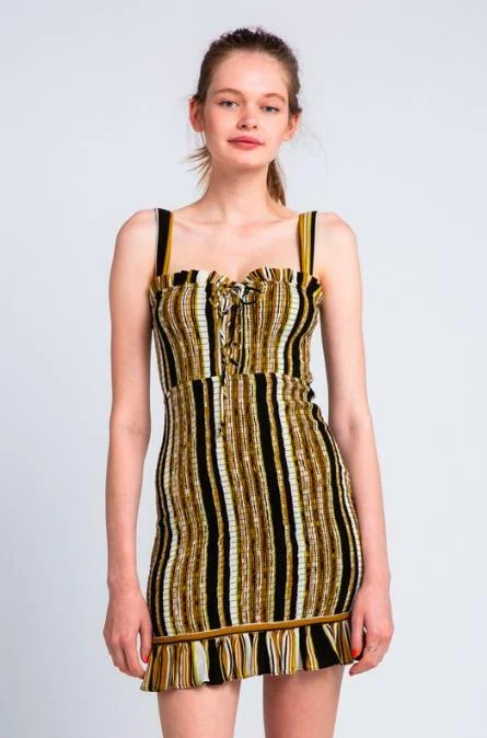 Sheath Style Velvet Party Dresses for Ladies' Evening GalasCiao Bella Black and Gold Striped Smocked Mini Dress Sheath Style Velvet Party Dresses for Ladies' Evening GalasCiao Bella Black and Gold Striped Smocked Mini Dress