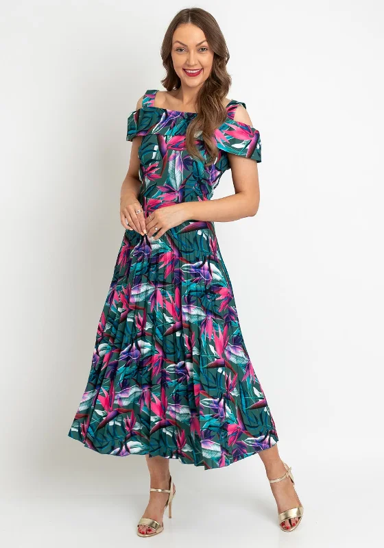 Backless midi dress for a sexy and glamorous appearanceCoco Doll Floral Print Pleated Midi Dress, Green Multi