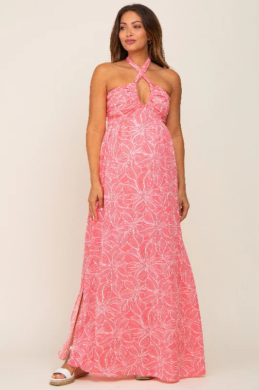 "Trendy casual dresses for women to wear at the beach"Coral Floral Halter Neck Maternity Maxi Dress "Trendy casual dresses for women to wear at the beach"Coral Floral Halter Neck Maternity Maxi Dress
