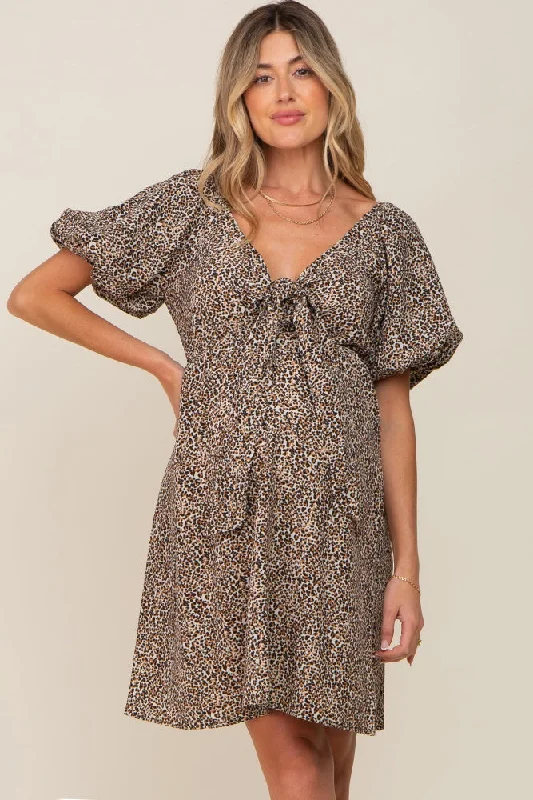 "Black tie dresses for women for formal galas"Cream Cheetah Print Knotted Puff Sleeve Maternity Dress "Black tie dresses for women for formal galas"Cream Cheetah Print Knotted Puff Sleeve Maternity Dress