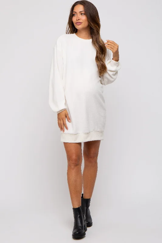 "Beach wedding dresses for women for a laid - back ceremony"Cream Fleece Oversized Maternity Sweatshirt Mini Dress "Beach wedding dresses for women for a laid - back ceremony"Cream Fleece Oversized Maternity Sweatshirt Mini Dress