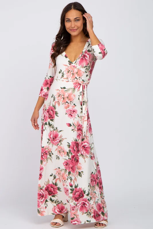"Chiffon dresses for women with a flowy and light feel"Cream Floral Maternity Wrap Maxi Dress "Chiffon dresses for women with a flowy and light feel"Cream Floral Maternity Wrap Maxi Dress