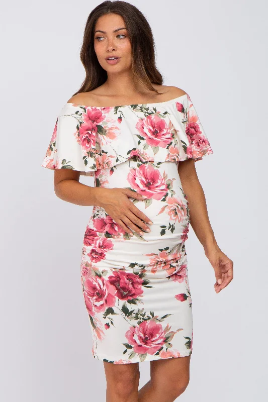 "Shirt dresses for women for a smart - casual style"Cream Floral Off Shoulder Maternity Fitted Dress "Shirt dresses for women for a smart - casual style"Cream Floral Off Shoulder Maternity Fitted Dress