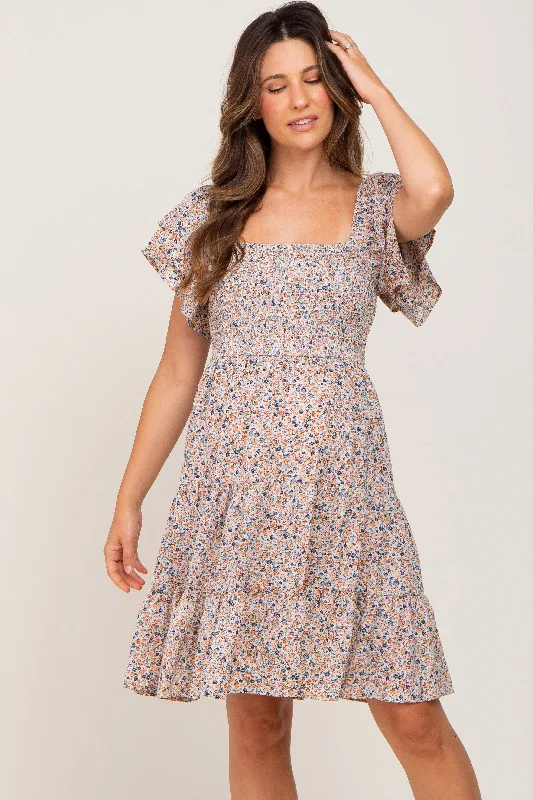 "White dresses for women for a fresh and clean look"Cream Floral Smocked Tiered Maternity Dress "White dresses for women for a fresh and clean look"Cream Floral Smocked Tiered Maternity Dress