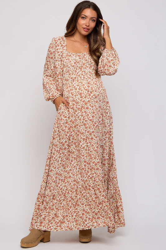 Clearance Sale: Women's Dresses Cream Floral Square Neck Ruffle Maternity Maxi Dress Clearance Sale: Women's Dresses Cream Floral Square Neck Ruffle Maternity Maxi Dress