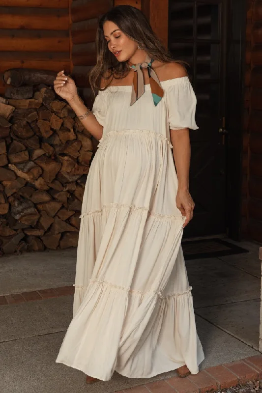 "Black dresses for women for a classic and timeless appearance"Cream Off Shoulder Ruffle Tiered Maternity Maxi Dress "Black dresses for women for a classic and timeless appearance"Cream Off Shoulder Ruffle Tiered Maternity Maxi Dress
