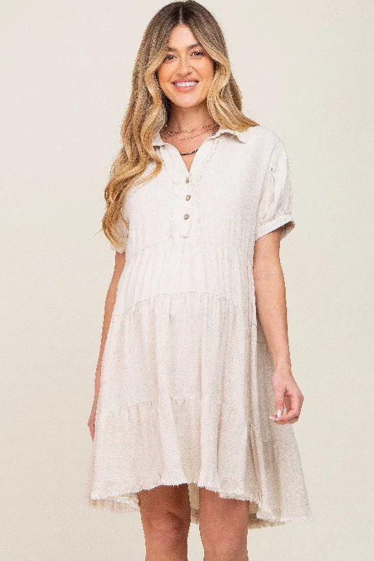 "Satin dresses for women for a luxurious appearance"Cream Tiered Collared Linen Maternity Dress "Satin dresses for women for a luxurious appearance"Cream Tiered Collared Linen Maternity Dress