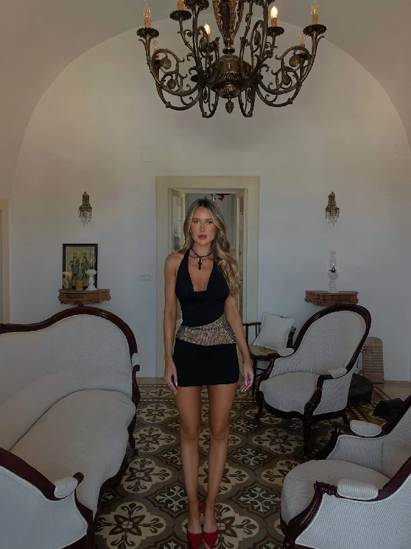 Party Dresses with Sequined Stripes and Sheer Back and Embroidered Birds for Ladies' Bold and Nature Inspired LookCRIMSON MINI DRESS BLACK Party Dresses with Sequined Stripes and Sheer Back and Embroidered Birds for Ladies' Bold and Nature Inspired LookCRIMSON MINI DRESS BLACK